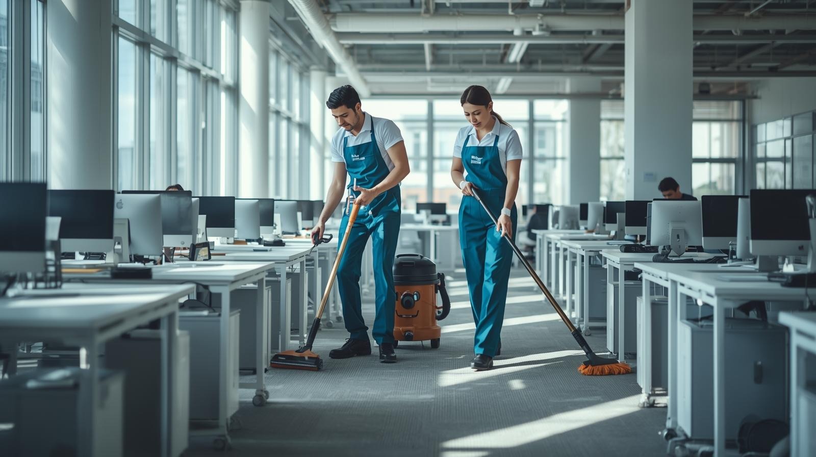 Create an image of two professional cleaners working together in an office space, teamwork concept, uniforms with cleaning tools, modern corporate building, realistic business environment. (1)