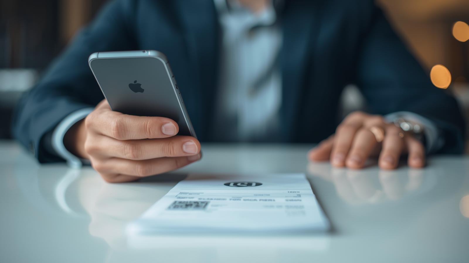 A clean, professional hero image, mid-shot, of a business owner using a smartphone to scan a receipt. The image should be well-lit with a shallow depth of field, focusing on the user and the phone. The aest